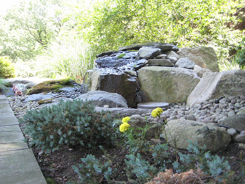 Side view of backyard waterfall